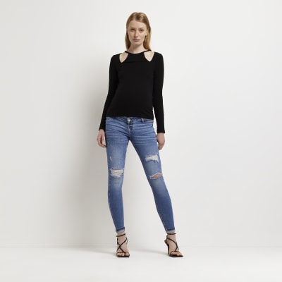 Blue low rise ripped maternity skinny jeans River Island