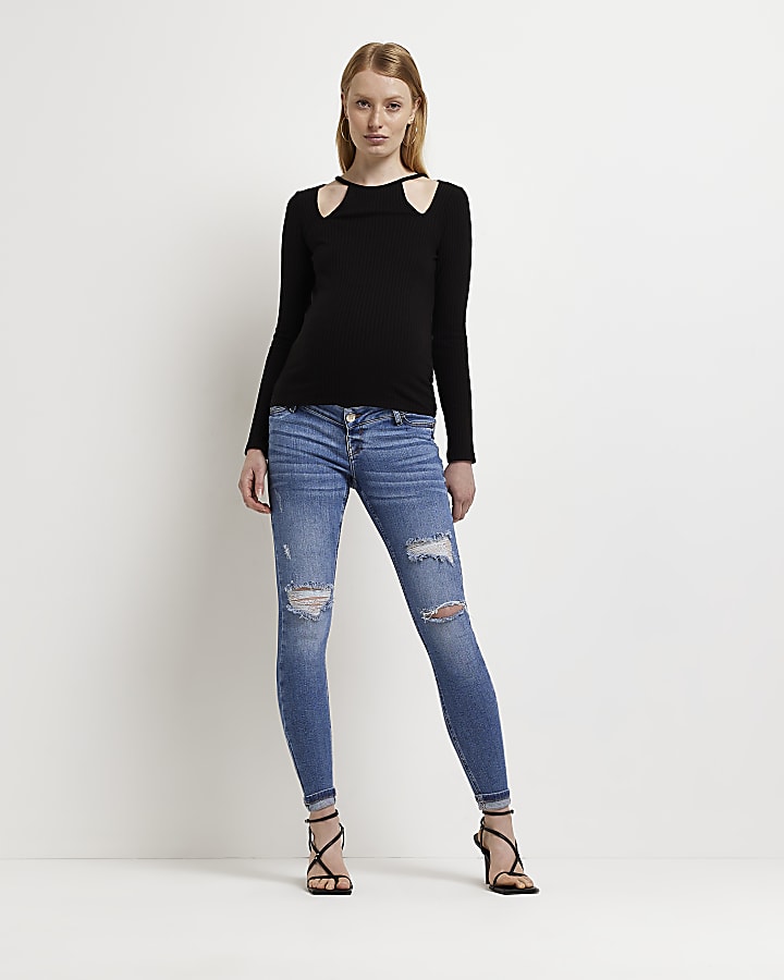 Blue low rise ripped maternity skinny jeans