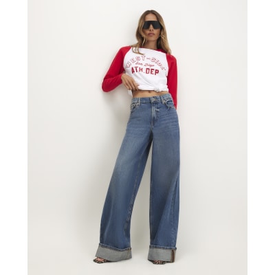 Low Rise Turn Up Hem Wide Leg Jeans