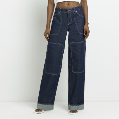 Blue low rise wide leg cargo jeans