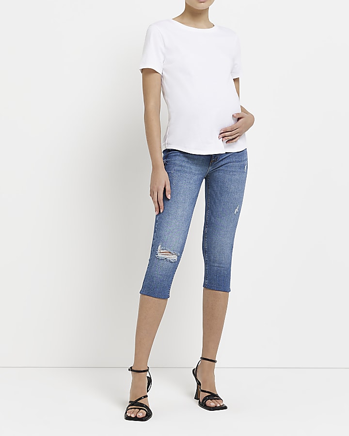 Blue maternity mid rise cropped skinny jeans