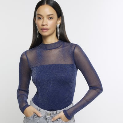 Blue mesh glitter long sleeve top River Island