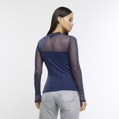 Blue mesh glitter long sleeve top River Island