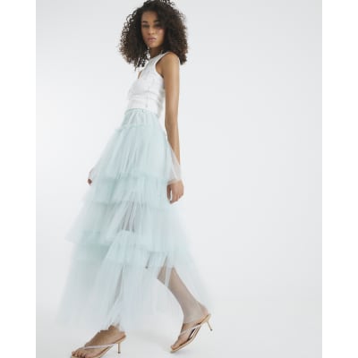 Blue Mesh Tulle Midi Skirt