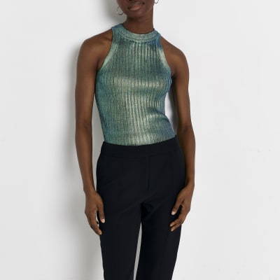 Blue metallic knit top River Island