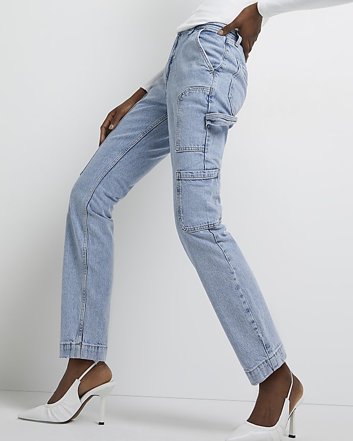 Blue mid rise cargo jeans