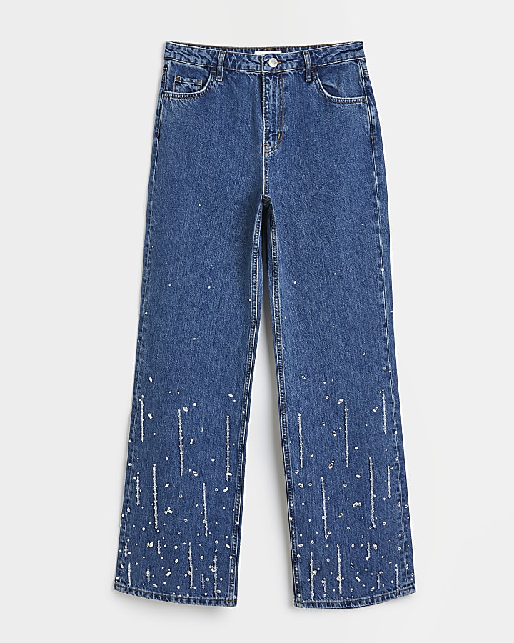 Blue mid rise embellished straight jeans