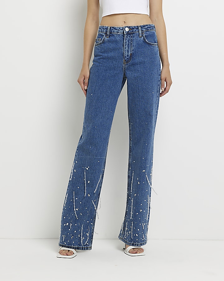 Blue mid rise embellished straight jeans