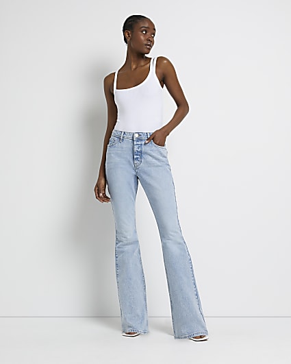 Blue mid rise flare jeans