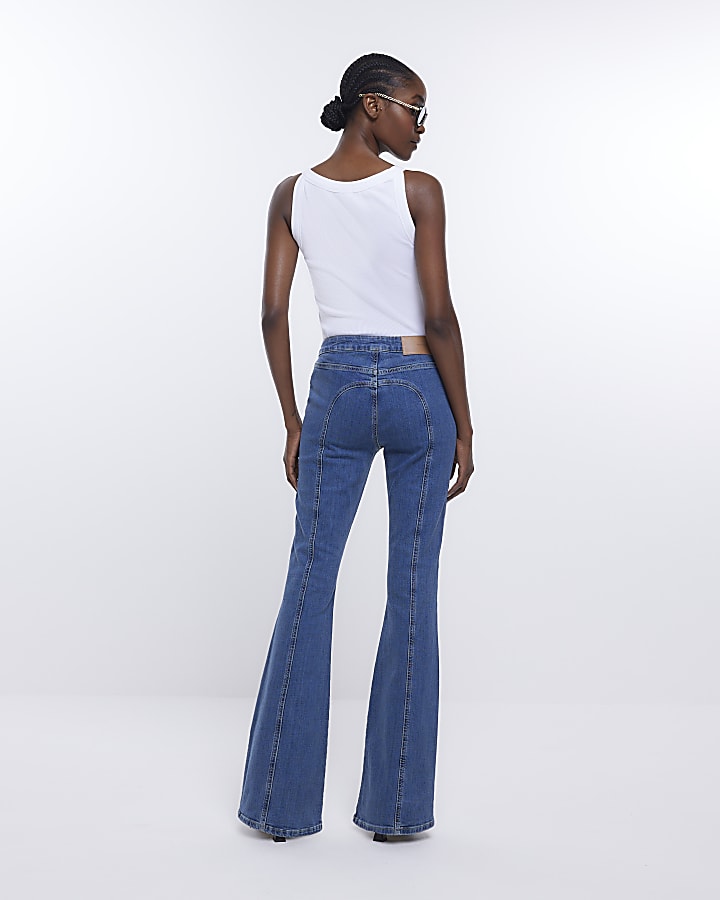 Blue mid rise flared jeans