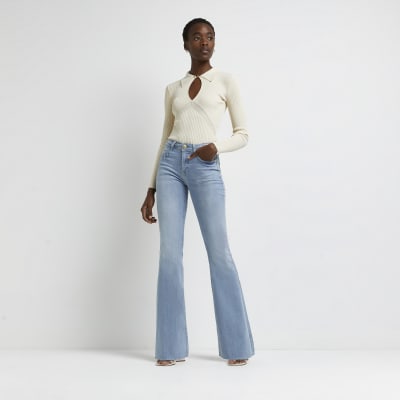 Blue Mid Rise Flared Jeans River Island