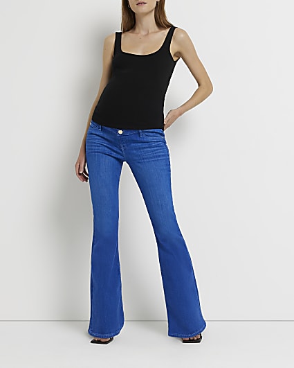 Blue mid rise maternity flared jeans