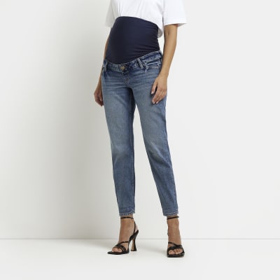 Blue mid rise maternity mom jeans