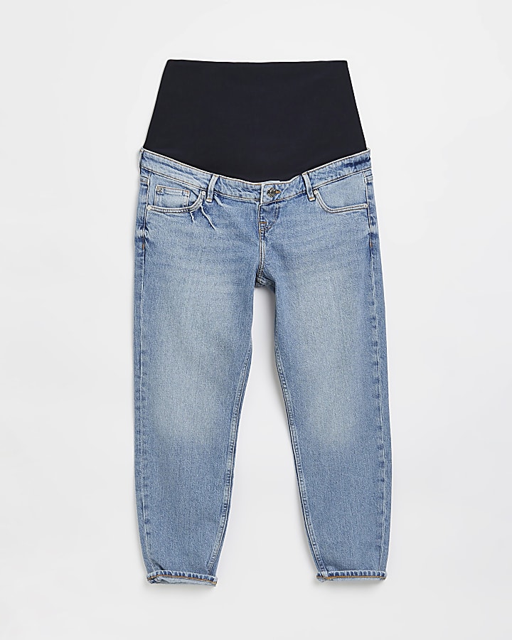Blue mid rise maternity mom jeans