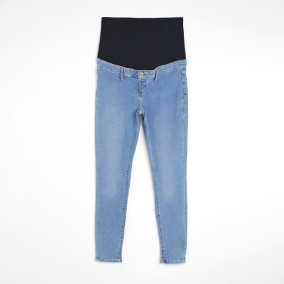 Blue mid rise maternity skinny jeans