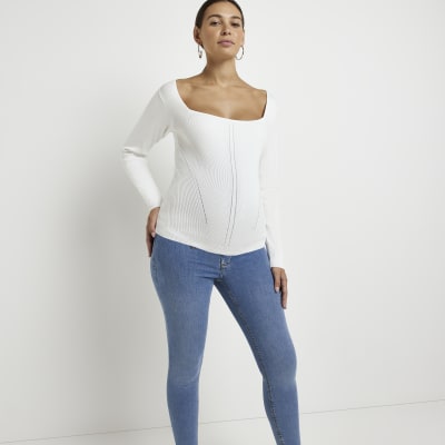 Blue mid rise maternity skinny jeans