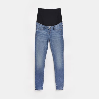 Blue mid rise maternity skinny jeans