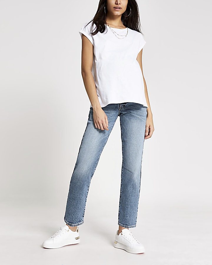 Blue mid rise maternity straight jeans