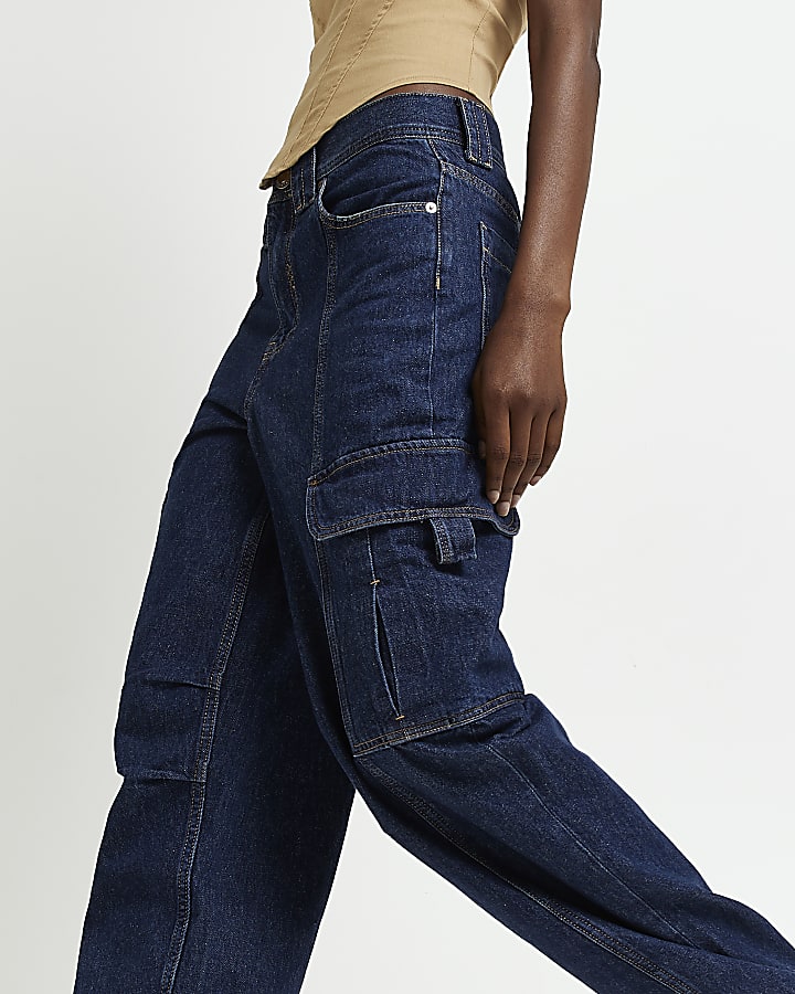 Blue mid rise pocketed cargo jeans