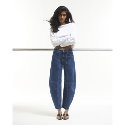 Blue Mid Rise Seamed Raw Hem Barrel Jeans