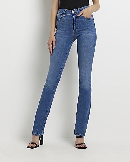 Blue mid rise slim flared jeans