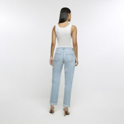Blue mid rise straight relaxed jeans