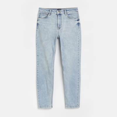Blue mid rise stretch slim fit mom jeans River Island