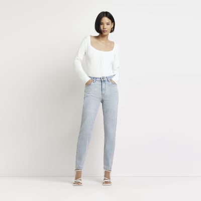 Blue mid rise stretch slim fit mom jeans | River Island