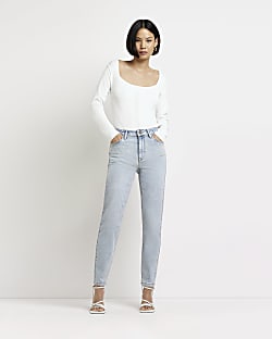 Blue mid rise stretch slim fit mom jeans
