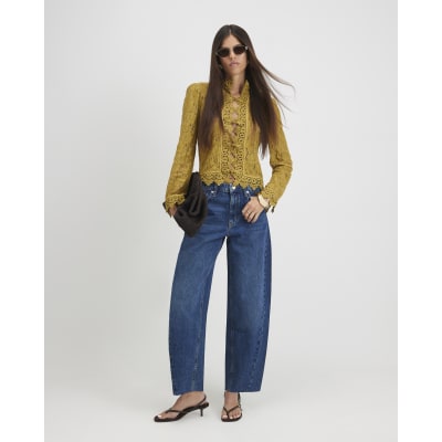 Blue Mid Rise Twist Seam Barrel Leg Jeans