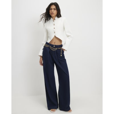 Blue Mid Rise Wide Leg Belted Jeans