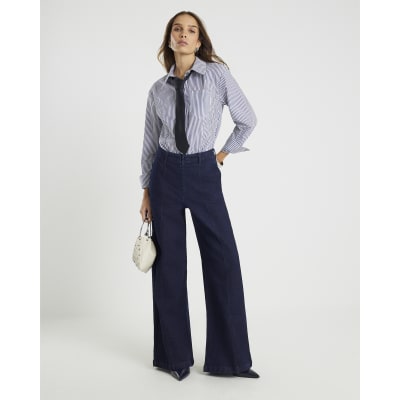 Blue Mid Rise Wide Leg Corset Jeans