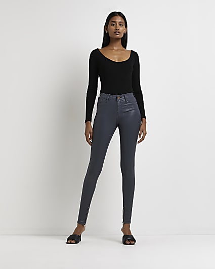 Blue Molly coated bum sculpt skinny jeans
