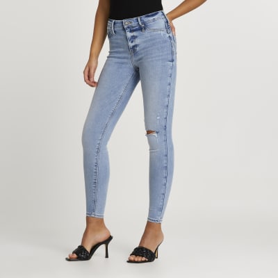 Blue Molly ripped mid rise bum sculpt jeans | River Island