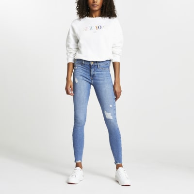 Blue Molly Ripped Mid Rise Skinny Jeans River Island