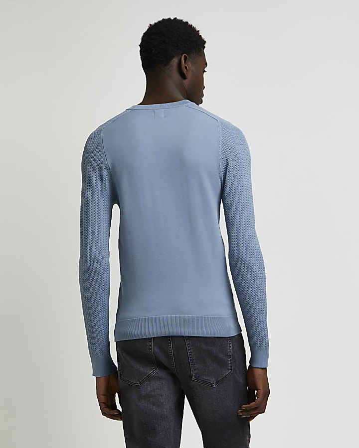 Blue muscle fit cable knit jumper