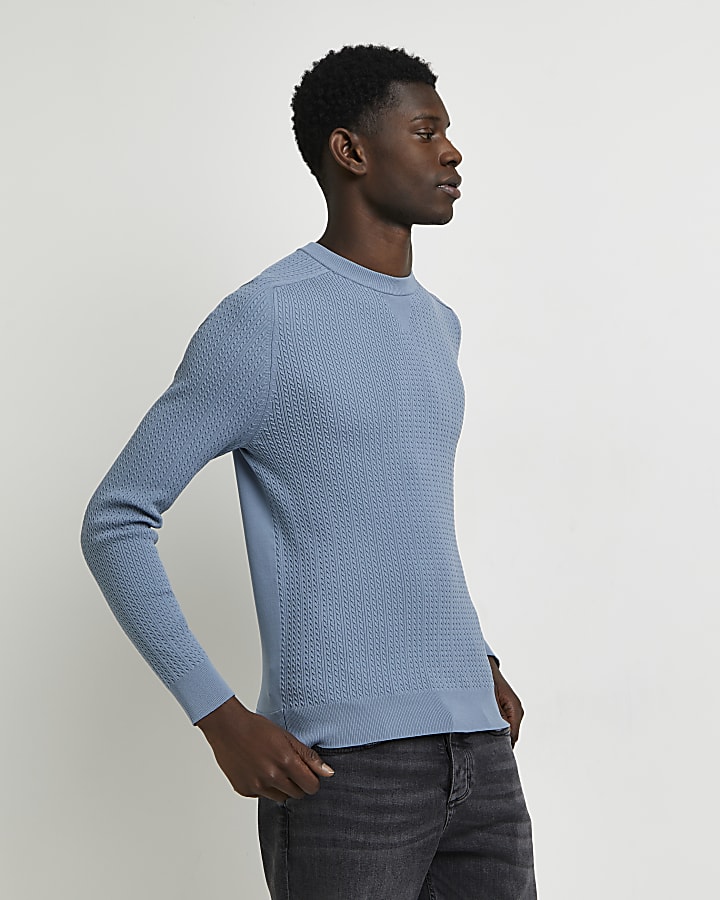 Blue muscle fit cable knit jumper
