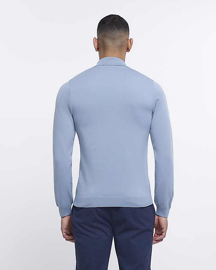 Blue muscle fit cable knit polo shirt