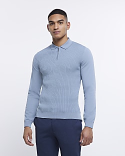 Blue muscle fit cable knit polo shirt