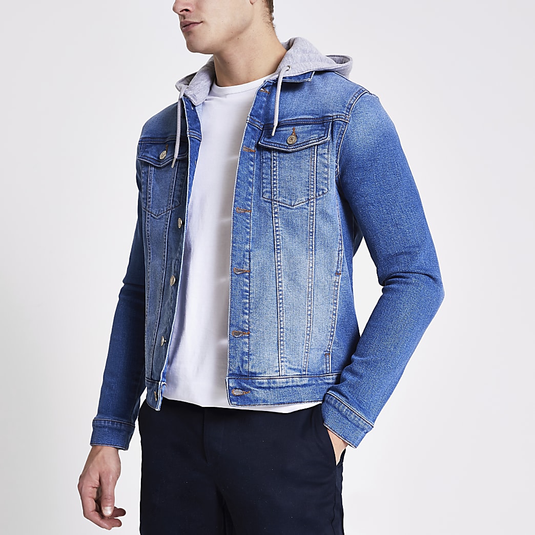 Blue muscle fit hooded denim jacket | River Island