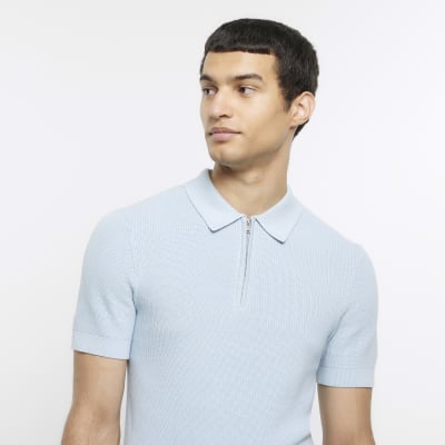 Blue muscle fit knitted rib polo shirt | River Island