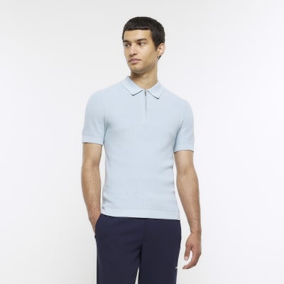 Blue muscle fit knitted rib polo shirt | River Island