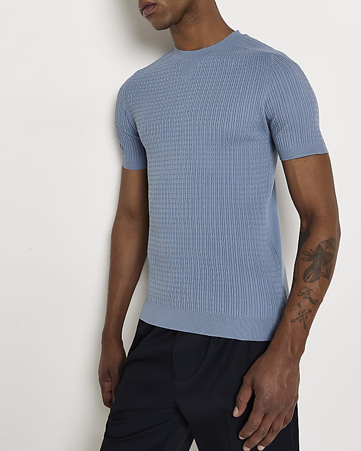 Blue Muscle fit Knitted T-shirt