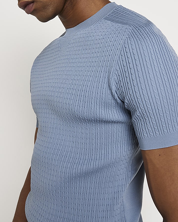 Blue Muscle fit Knitted T-shirt