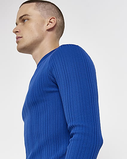 Blue Muscle fit Ribbed crew neck jumper