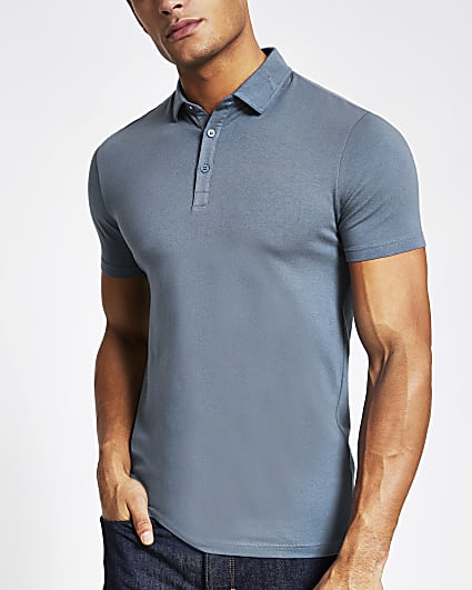 Blue muscle fit short sleeve polo shirt