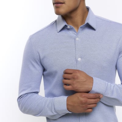 Blue muscle fit stretch long sleeve shirt