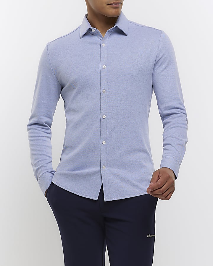 Blue muscle fit stretch long sleeve shirt