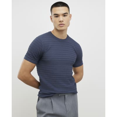 Blue Muscle Fit Stretch Textured Knit T-shirt
