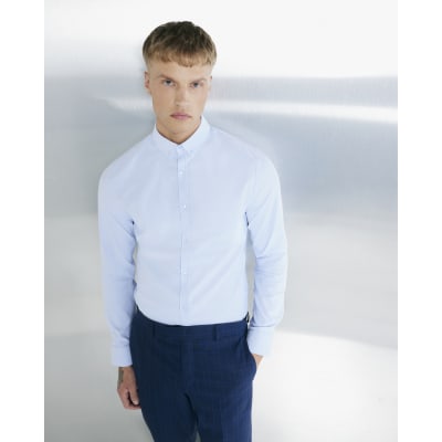 Blue Muscle Fit Textured Formal Shirt